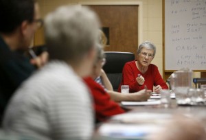 Sister Myra Remily, right, leads the discussion in Tuesday night's Pax Christi meeting at the Presentation Convent. The social justice group, based in the Catholic faith, holds monthly meetings. American News Photo by John Davis taken 2/23/2016